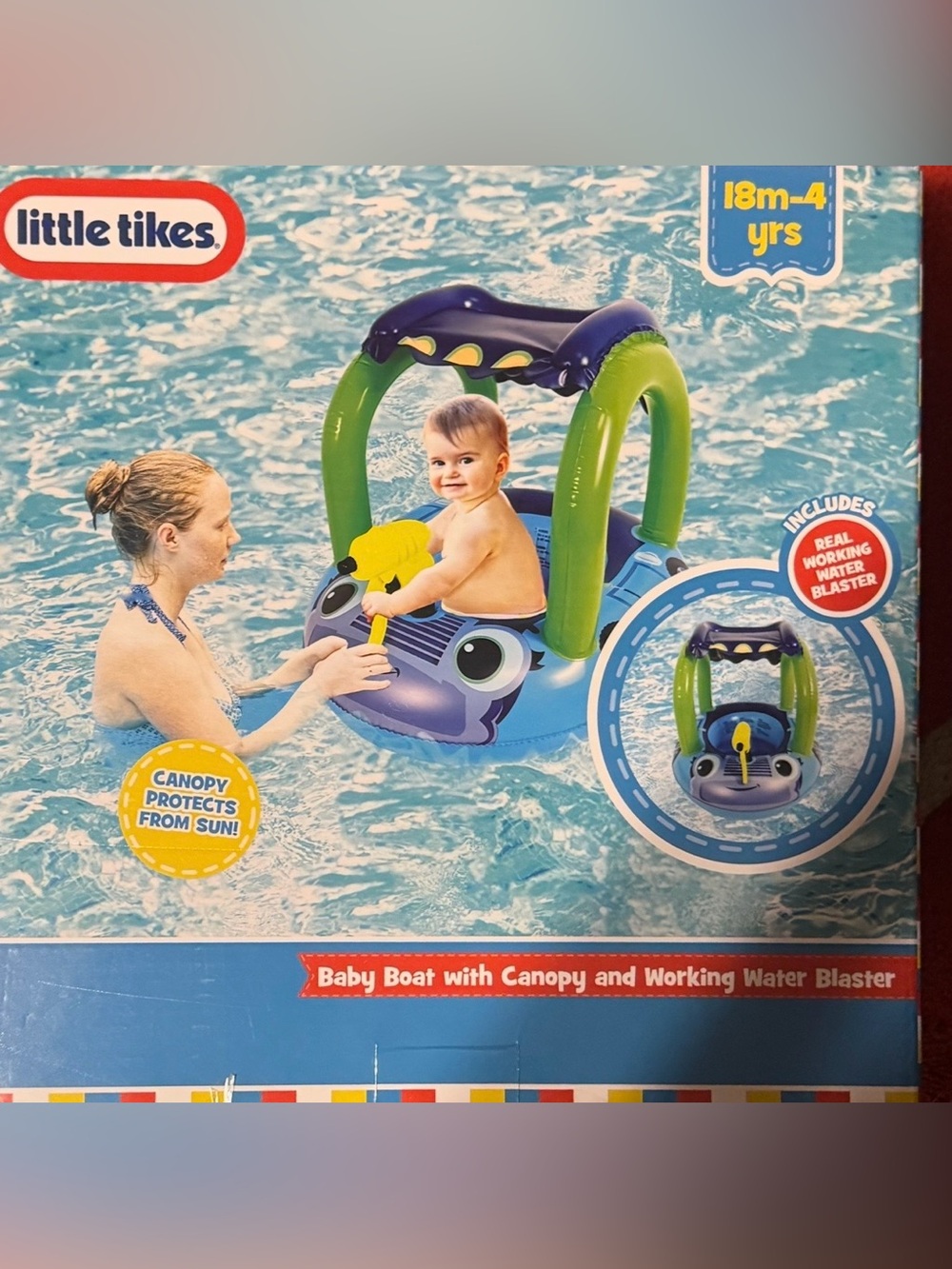 Little Tikes Pool Baby Boat with Canopy | Floatie | Inflatable | Blue Green